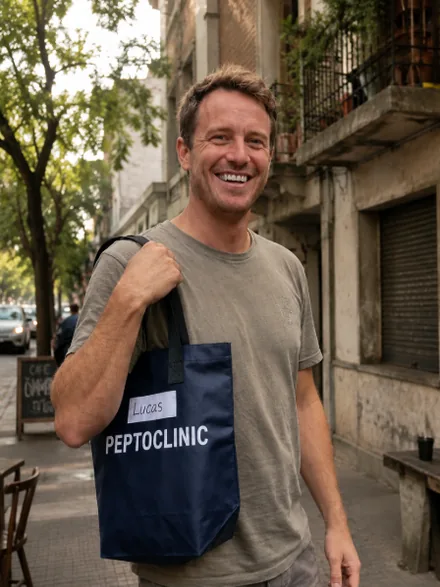 Lucas, cliente de PeptoClinic, con el pedido que recibió