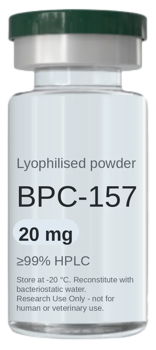 Vial de BPC-157 20 mg — péptido de investigación liofilizado, ≥99% HPLC, rotulado solo para uso en investigación