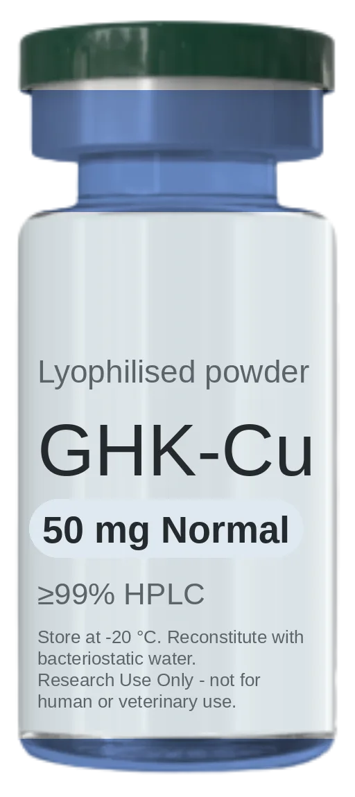 GHK-Cu (Copper Peptide) 50 mg Normal vial — lyophilised research peptide, ≥99% HPLC, labelled for research use only