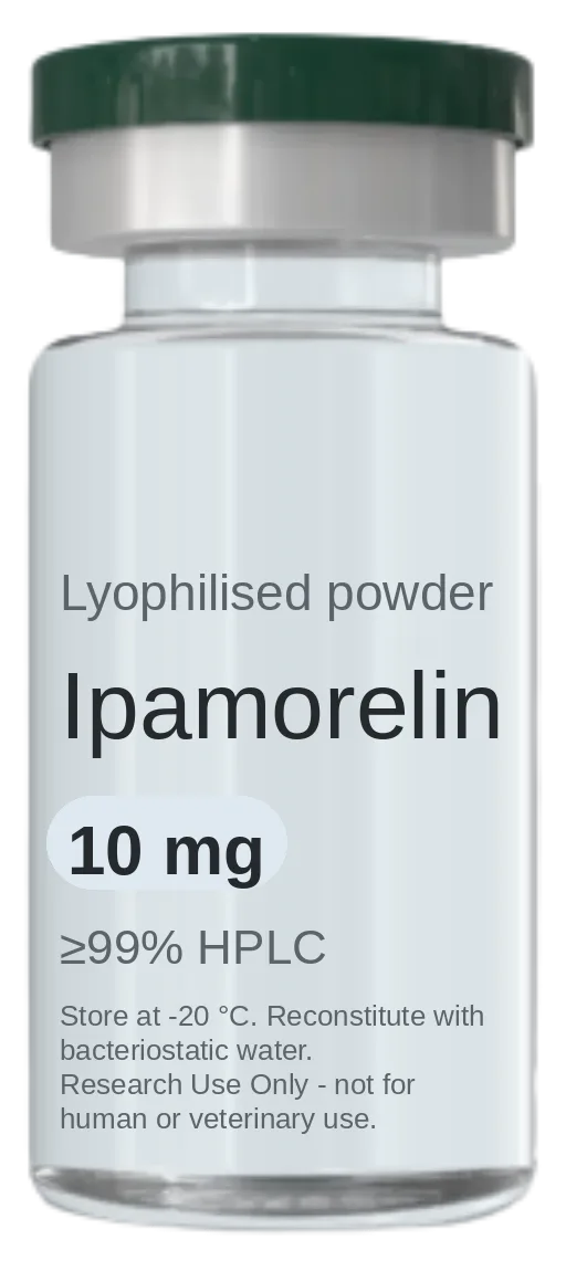 Vial de Ipamorelin 10 mg — péptido de investigación liofilizado, ≥99% HPLC, rotulado solo para uso en investigación