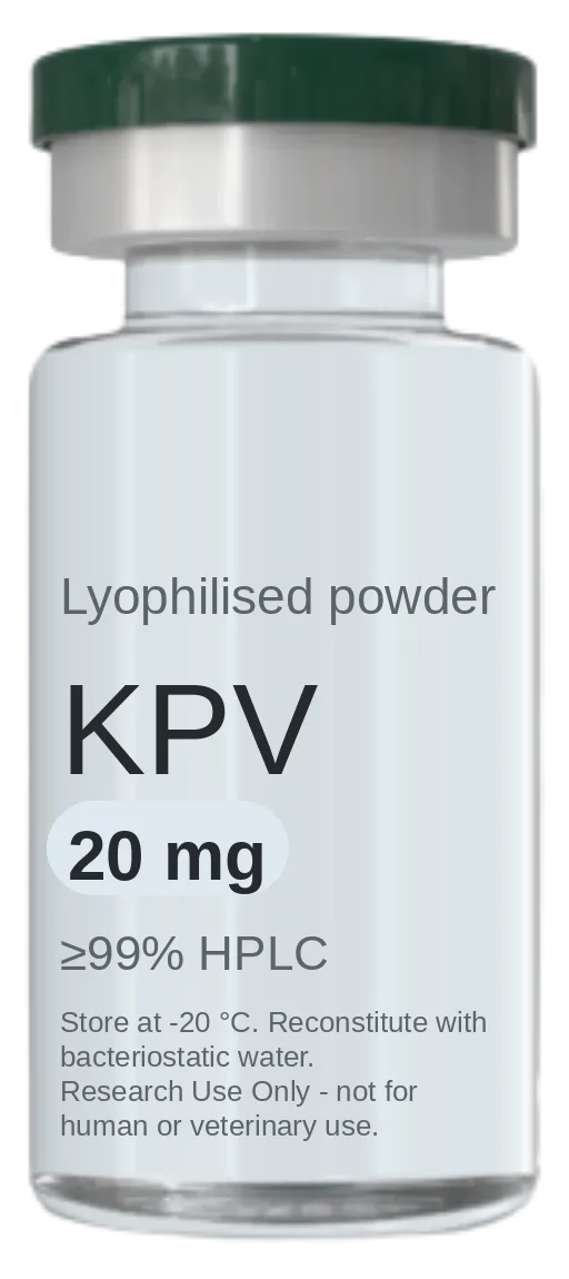 Vial de KPV 20 mg — péptido de investigación liofilizado, ≥99% HPLC, rotulado solo para uso en investigación