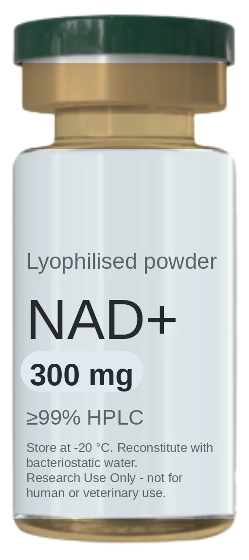 Vial de NAD+ (Nicotinamide Adenine Dinucleotide) 300 mg — péptido de investigación liofilizado, ≥99% HPLC, rotulado solo para uso en investigación