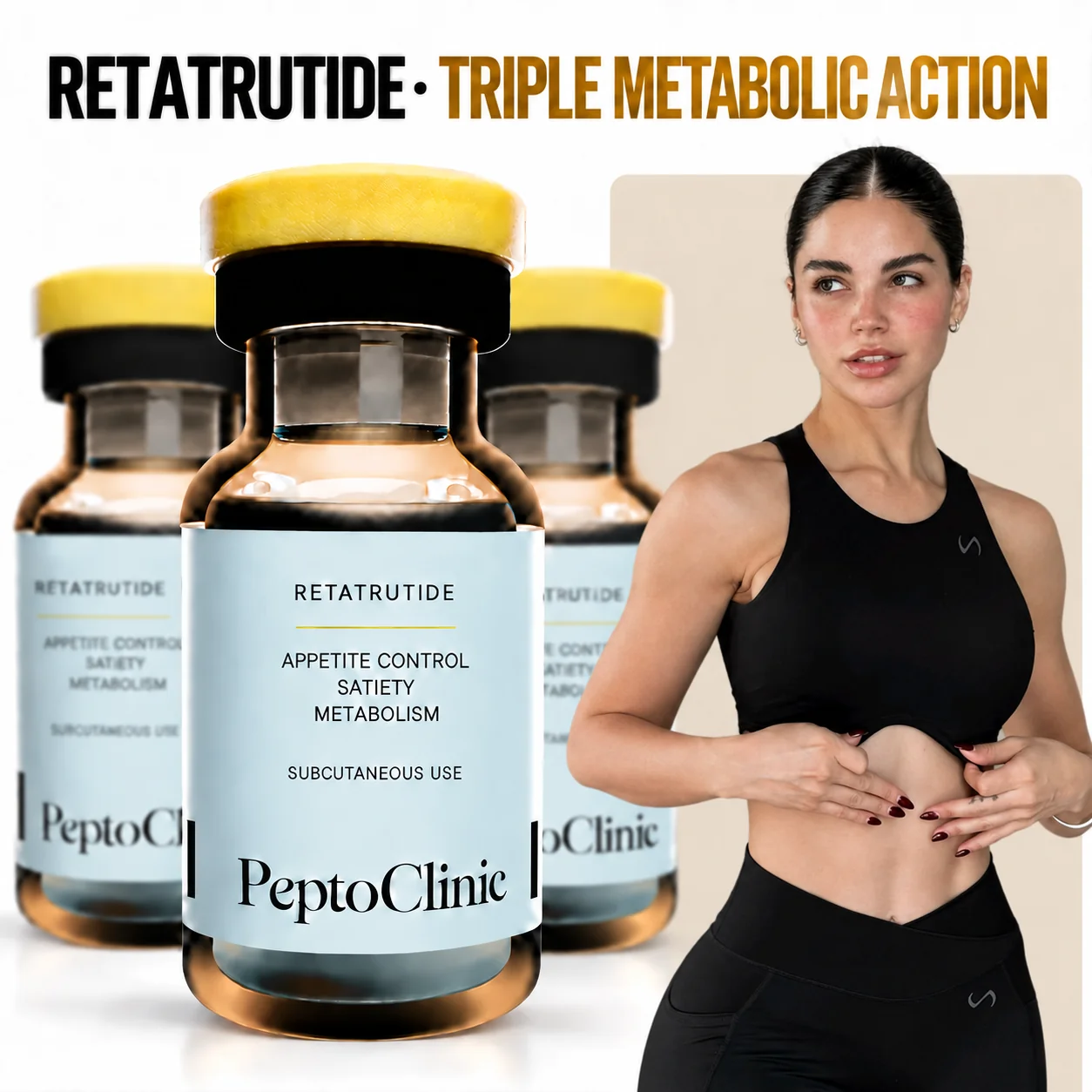 Three PeptoClinic Retatrutide vials labelled for appetite control, satiety and metabolism, beside a woman in sportswear