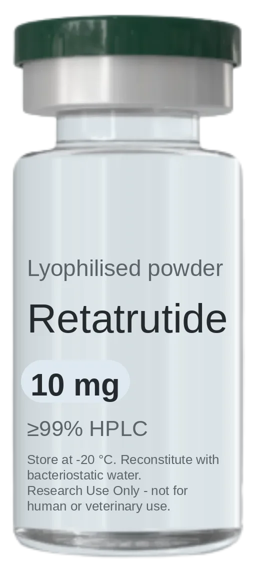 Vial de Retatrutide 10 mg — péptido de investigación liofilizado, ≥99% HPLC, rotulado solo para uso en investigación