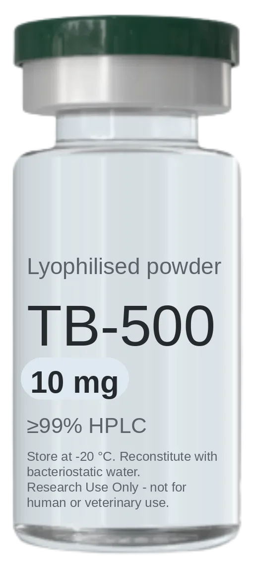 Vial de TB-500 (Thymosin Beta-4 fragment) 10 mg — péptido de investigación liofilizado, ≥99% HPLC, rotulado solo para uso en investigación