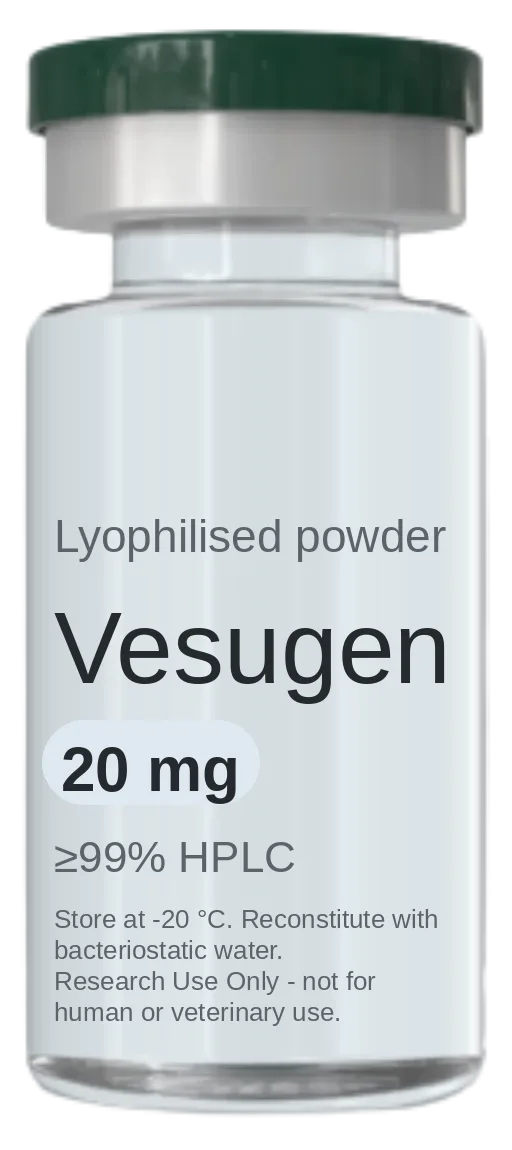Vial de Vesugen 20 mg — péptido de investigación liofilizado, ≥99% HPLC, rotulado solo para uso en investigación
