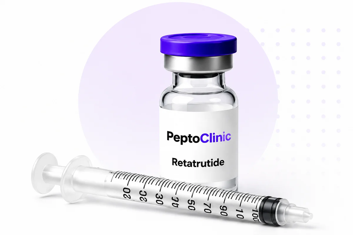 A PeptoClinic Retatrutide vial next to an insulin syringe graduated in units
