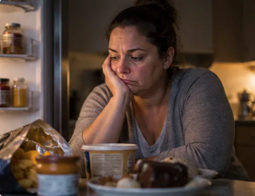 A woman sitting in front of the open fridge at night, with food on the table