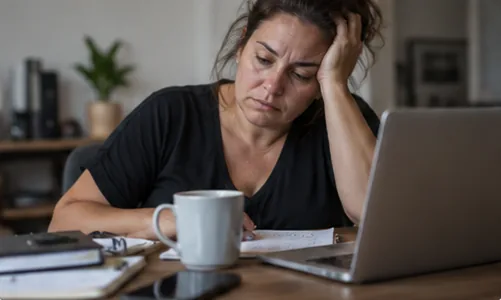 A tired woman in front of a laptop, resting her head on her hand